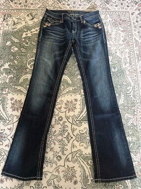 Grace in LA Dark Blue Bootcut Jeans with Embroidered Pockets